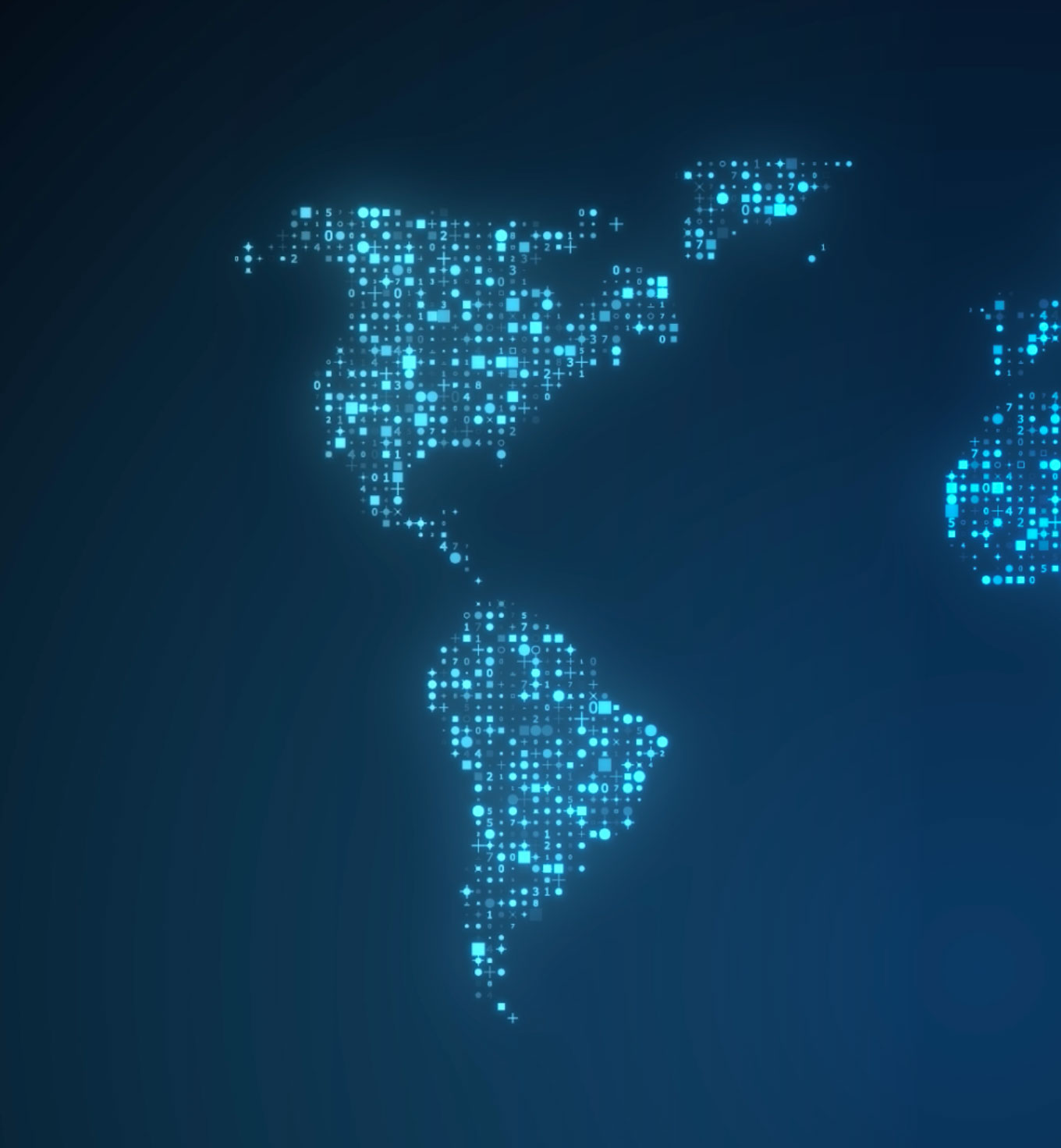 blue map with North and South America as grid of lights. 