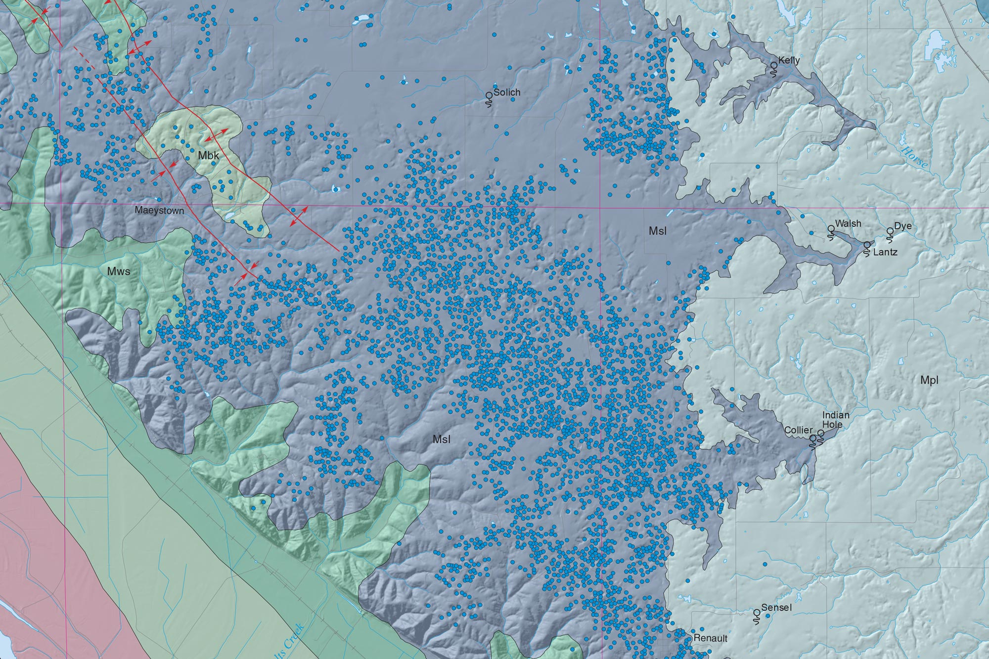 Map showing sinkholes in Monroe County, Illinois as blue circles