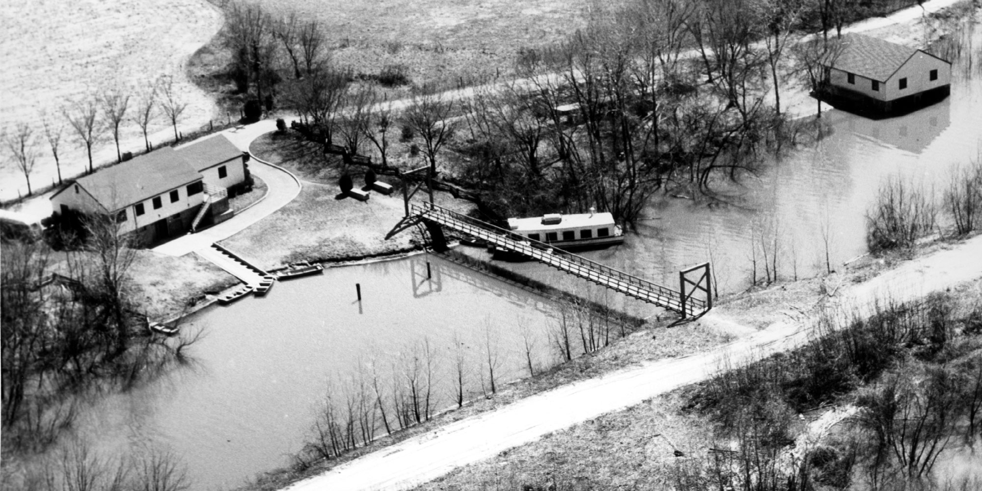 Aerial of Forbes Biological Station's building, completed in 1940.