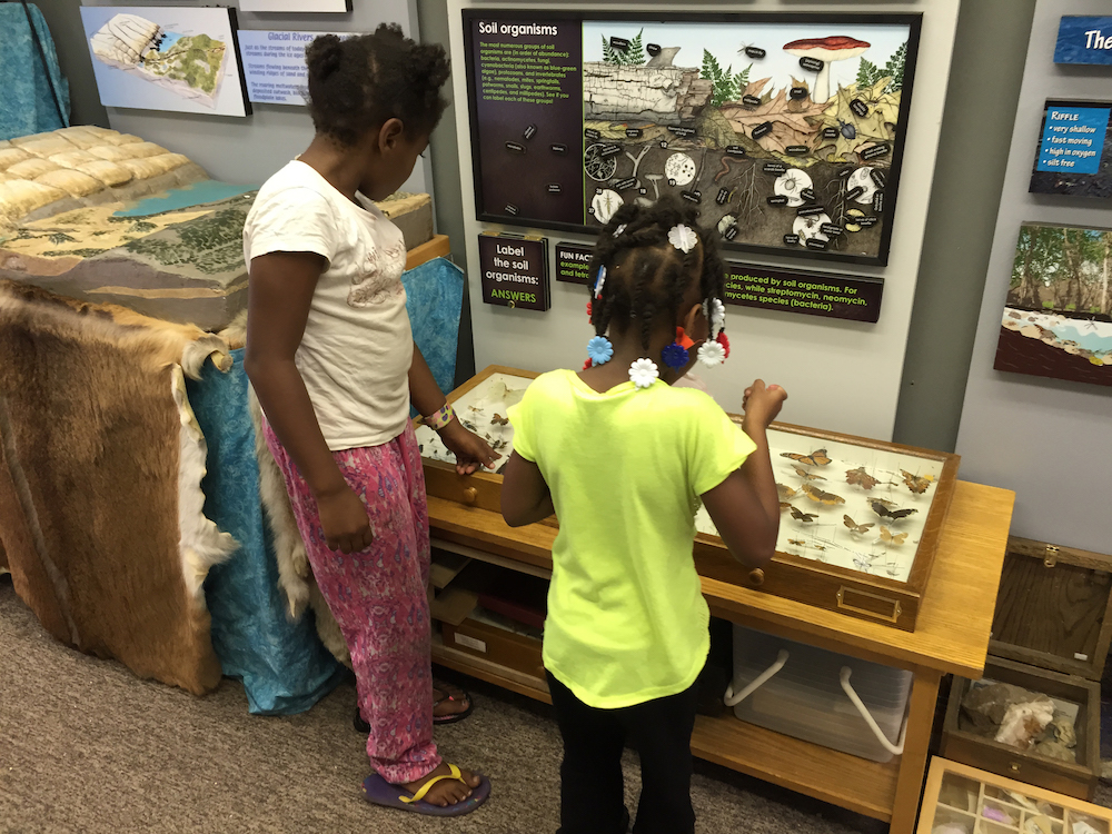 two girls examining insects in a display box in the Traveling Science Center.