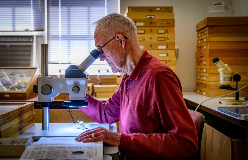 Man in profile looking through a microscope.
